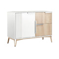 Moderne wandkast met wit en houtfineer, 2 deuren en 2 lades.