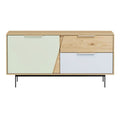 Moderne dressoir met houten afwerking en gekleurde deurtjes
