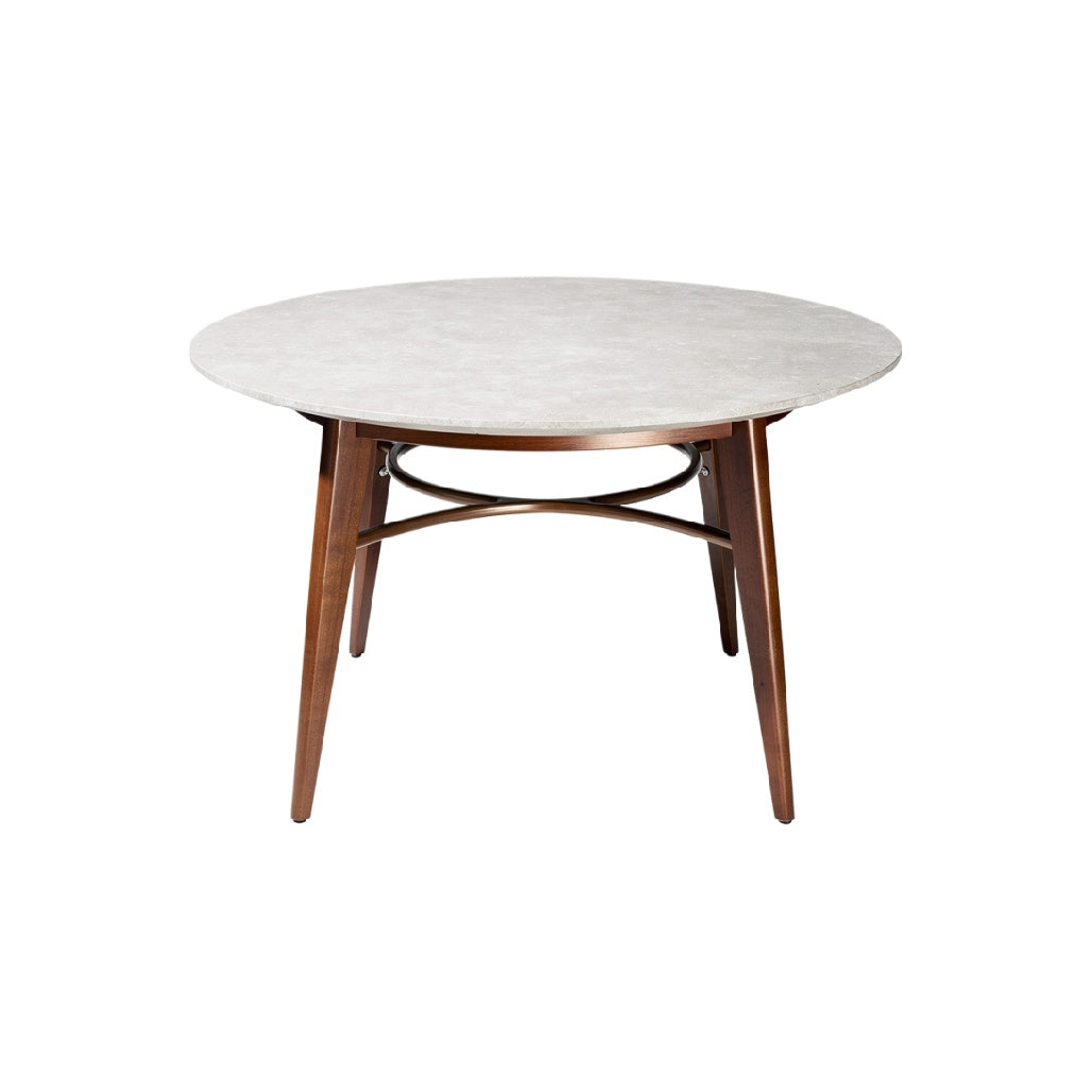 Ronde eettafel met een marmeren blad en houten poten