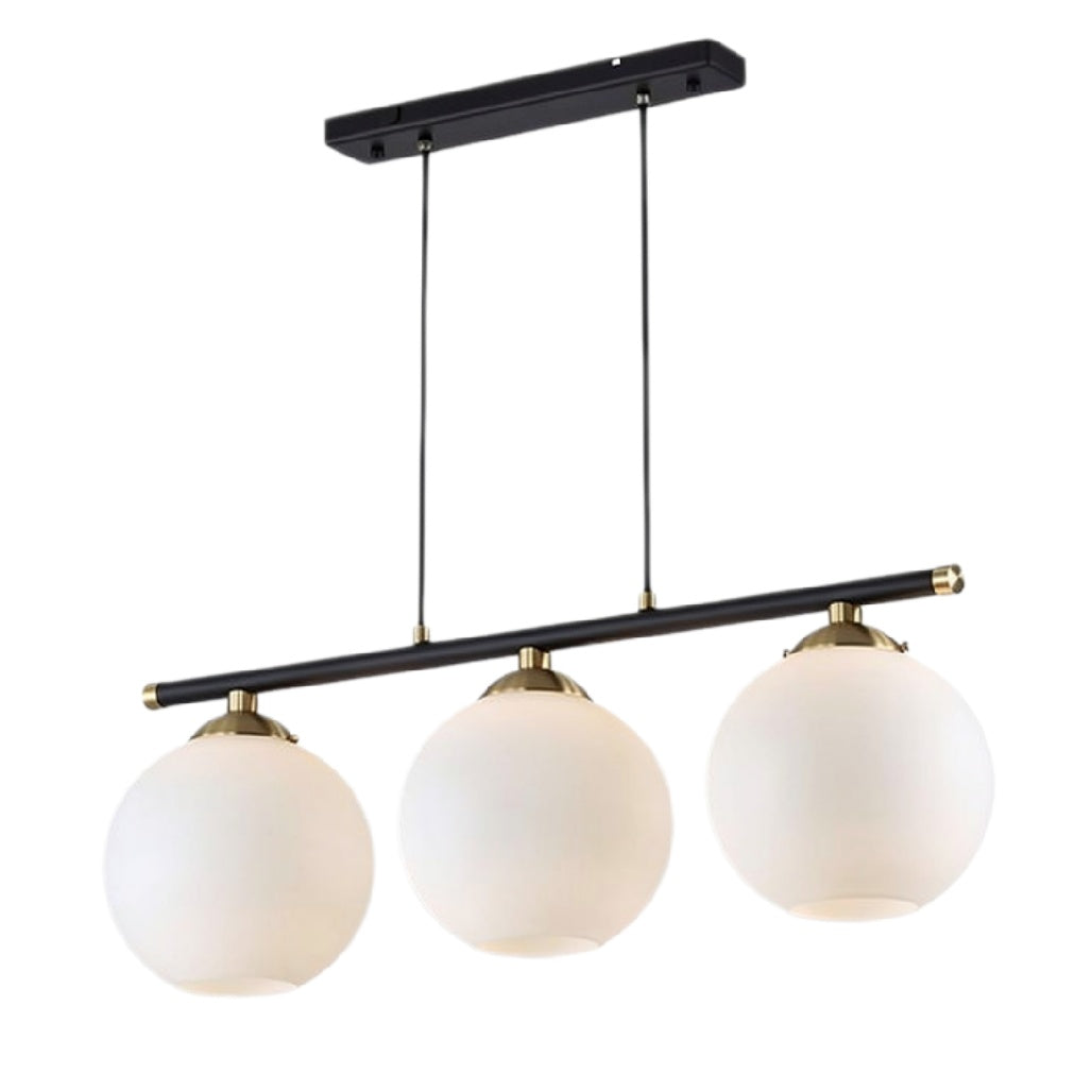 Hanglamp met Drie Witte Glazen Bollen en Zwarte Beugel